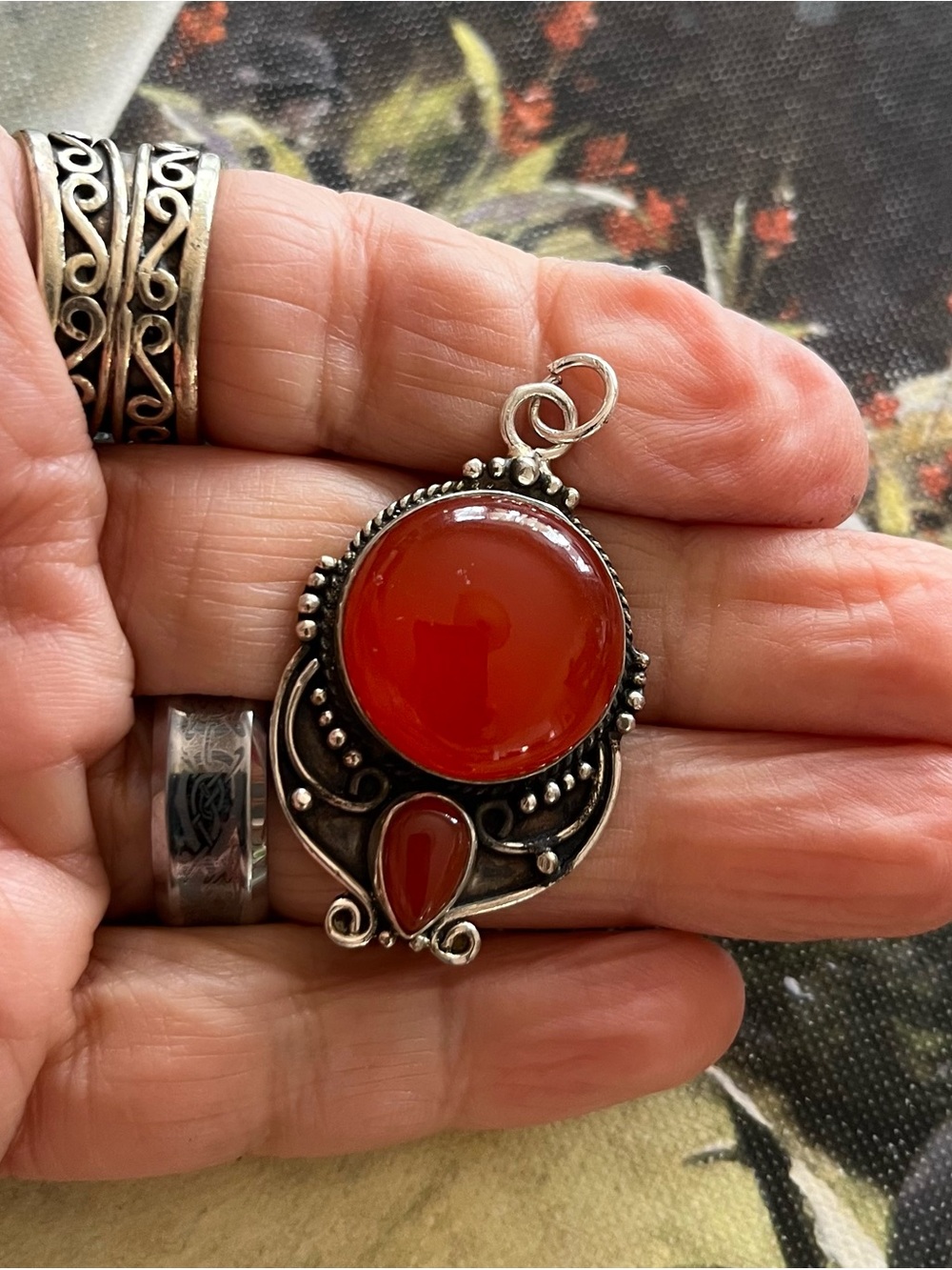 Red Orange Carnelian Stone Filigree Scroll Pendant 925 Sterling Silver